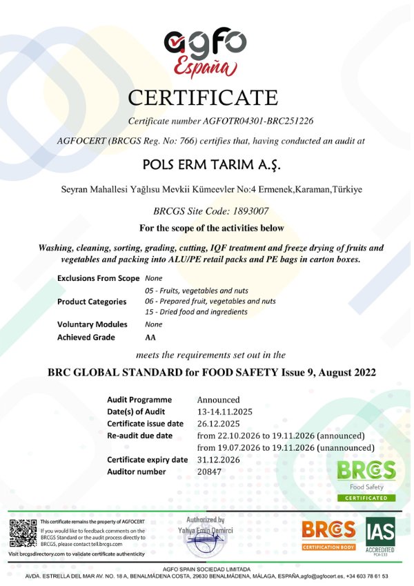 BRCGS Food Safety Certificate